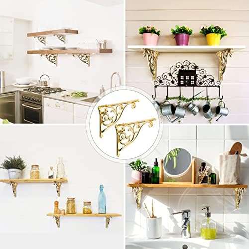 khtumeware Shelf Brackets 8 Inch 2pack Heavy Duty Gold Brass Wall Bracket Baroque Kitchen Decorative Rack Shelves, Inclu