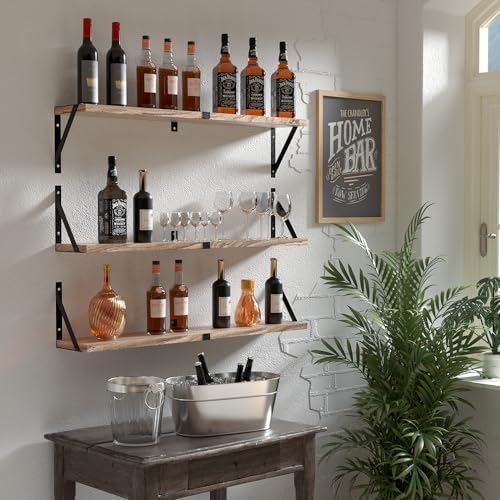 Floating Book Shelves Set of 3, Wall Bookshelf, 33 inch Long Wood Shelf for Wall Storage, Hanging Shelving for Bedroom, 