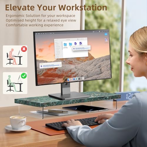 Monitor Stand Riser, 25x10 in Wood & Acrylic Computer Desk Organizer Shelf