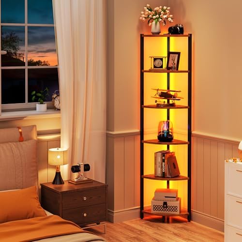 Corner Shelf with LED Lights, 6-Tier Corner Bookshelf, 66'' Organizer Book Shelf Shelves Steel Frame Display Stand with 