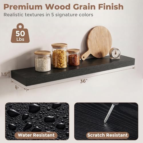 8 inch Deep Floating Shelves for Wall, 36" Wide, Black Finish, 2-Pack