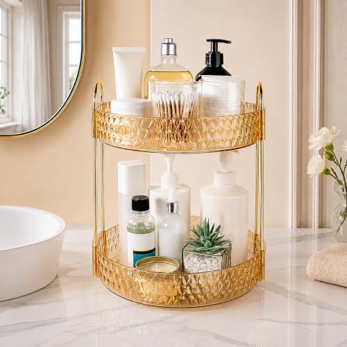 Large Capacity Rotating Makeup Organizer Perfume Stand Holder, 2 Tier Gold