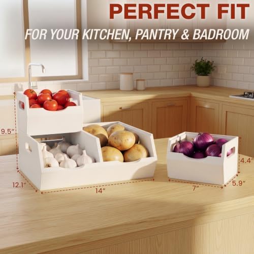 HOMESTEAD Stackable Solid Wood Storage Bins for Kitchen Pantry & Countertop, Ventilated Potato and Onion Basket Organize
