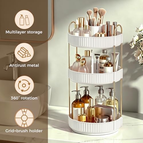 360° Rotating Makeup Organizer, Upgraded 3 Tier Skincare Perfume Organizers for Women, Bathroom Organizer Countertop, Cl