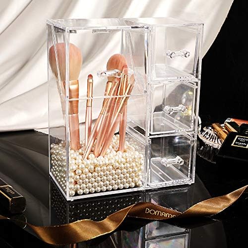 ShellKingdom Makeup Brush Holder,Clear Cosmetic Brushes Organizer With Drawer for Storage Brushes with Lid and Pearl for