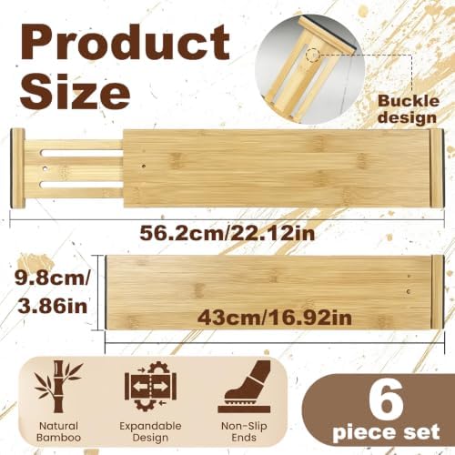 Joyeee Kitchen Drawer Dividers 6 Pack, 16.9-22.1" Adjustable Bamboo Drawer Organizer, 3.86" High Expandable Utensils Sep