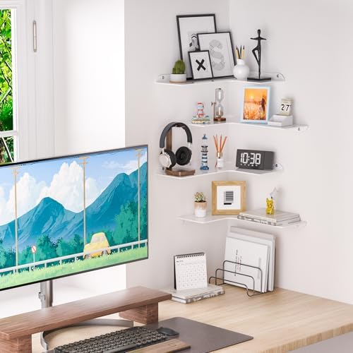 Sezanrpt 11.4x16 Inch Acrylic Corner Floating Shelf Set of 4, White Corner Wall Shelf for Home Décor, Speakers, Security