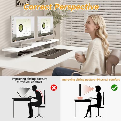 Computer Monitor Stands, Wood & Acrylic Computer Monitor Stand, Desk Monitor Stand Underneath Storage For Office, Home, 