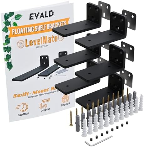 EVALD LevelMate™ 4" Swift-Mount Floating Shelf Brackets ([True-Size]) | Heavy Duty Hidden Black Carbon Steel Supports fo