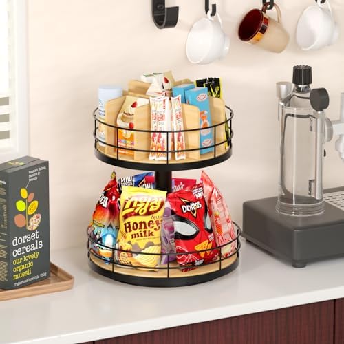 Snack Organizer - Versatile Snack Storage 2 Tier Lazy Susan with Convenient Grab-and-Go Design, Wood and Metal Snack Hol