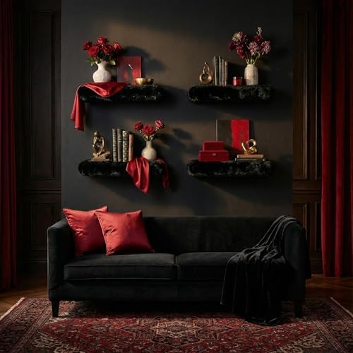 YMVV Black Furry Floating Shelves for Wall,2 Pack Wood Shelf with Plush Soft Shag Cover, Wall Mounted Shelves for Bedroo