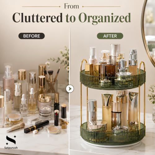 360° Rotating Makeup Organizer, 2 Tier Spinning Cosmetic Organizer for Vanity & Bathroom Countertop, Holds Tall Skincare