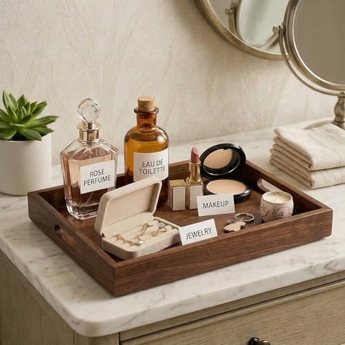 Perfume Plate Tray with Handle - Natural Bamboo Wood Display Tray for Dresser, Coffee Table, or Bathroom, 11.4x7.9 Inche