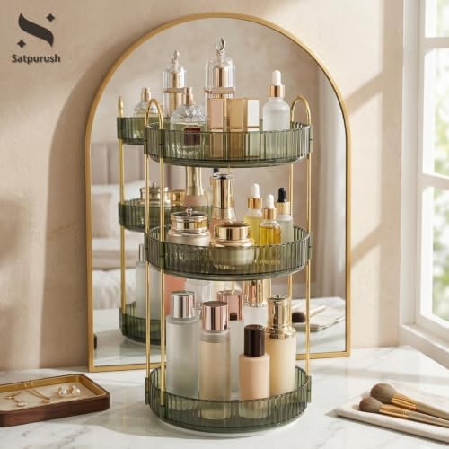 360° Rotating Makeup Organizer, 3 Tier Spinning Cosmetic Organizer for Vanity & Bathroom Countertop, Holds Tall Skincare