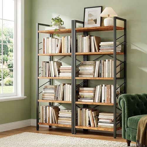 DurayLoly 2 Pieces 5 Tier Bookshelf for Narrow Space, Rustic Brown