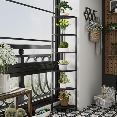 6-Tier Corner Shelf with LED Lights - 65" Tall Narrow Bookshelf, Standing Shelf with Storage Rack, Sturdy Metal Frame & 