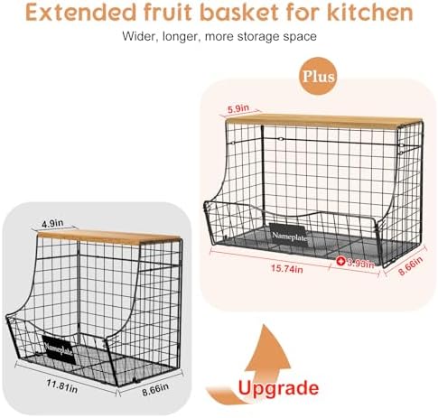 3 Pack Extra Large Fruit Basket for Kitchen with Wood Lid Nameplate - Counter&Wall Mounted Onion and Potato Storage Bin,