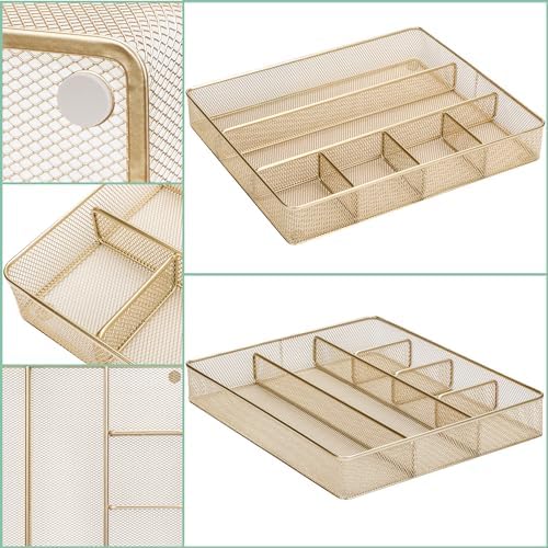 Annova Desk Top Organizer Tray for Office Organization - Metal Mesh - Storage Tray with Dividers for Pens, Desktop Accessories, Bathroom, Kitchen, Makeup and Office Supplies (Large, Gold)