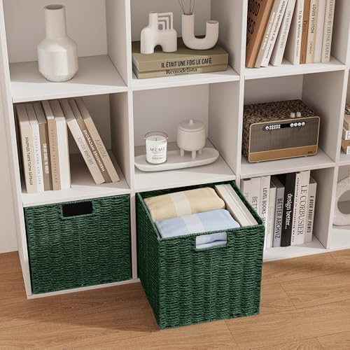Vagusicc Wicker Storage Basket, Set of 2 Hand-Woven Paper Rope Wicker Basket, Foldable Cube Storage Bins, 9 inch Square 