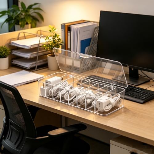 cord organizer box, 10.2 x 3.5 x 2.2in, Desktop Cord Organizer with Compartments (1)