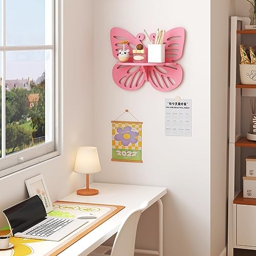 Pink Butterfly Shaped Floating Shelf for Girl’s Room, Cute Wall Display Rack for Nursery Decor, Small Decorative Shelf W