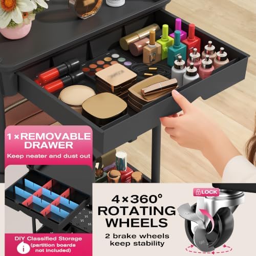 Goovilla Rolling Makeup Organizer Cart with Removable Drawer, 3 Tier Black