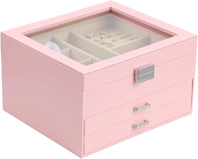 BOOVO Clear Lid Jewelry Box,3 Layers Jewelry Organizer Large Jewelry Storage Box with 2 Drawers,Jewelry Holder Organzier of Rings Earrings Necklace Bracelets for Women (Pink, 3 Layer)