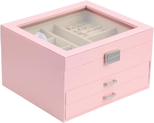 BOOVO Clear Lid Jewelry Box,3 Layers Jewelry Organizer Large Jewelry Storage Box with 2 Drawers,Jewelry Holder Organzier of Rings Earrings Necklace Bracelets for Women (Pink, 3 Layer)