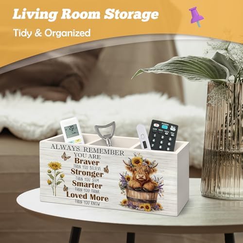 Inspirational Highland Cow Pen Holder Organizer for Desk Accessories, Positive Quote Heifer Wooden Box Sign Desk Decorations for Home Office Decor, Highland Cow Gifts for Women