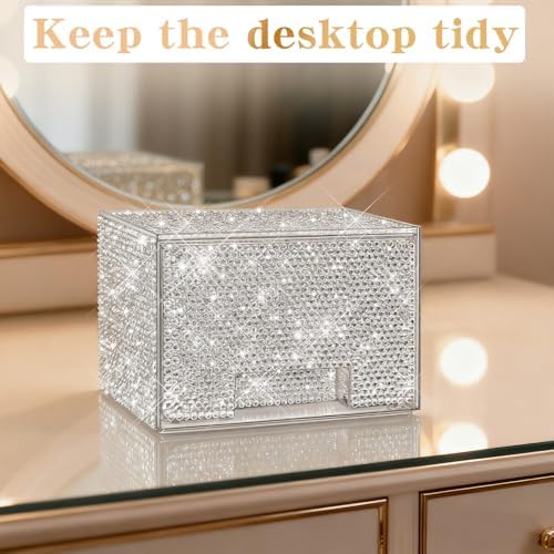 Bling Stackable Cosmetic Organizer with Silver Rhinestones, Glitter Acrylic Drawer, Shiny Plastic Organizer for Dresser,