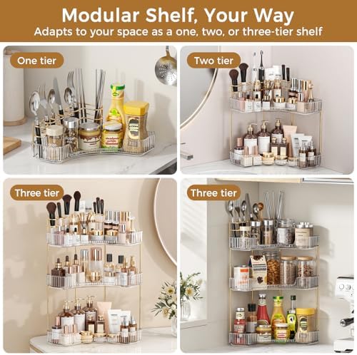 BEFSOP Corner Bathroom Counter Organizer, Upgraded 3-Tier Makeup Organizer Countertop with Makeup Brush Holder, Skincare