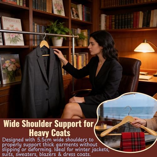 Luxury Wide Shoulder Wooden Suit Hangers with Pants Bar, Classic Solid Wood Jacket Clothes Hangers Smooth Finish for Sweater Dress Pants Sport Coats (Natural, 6 Pack)