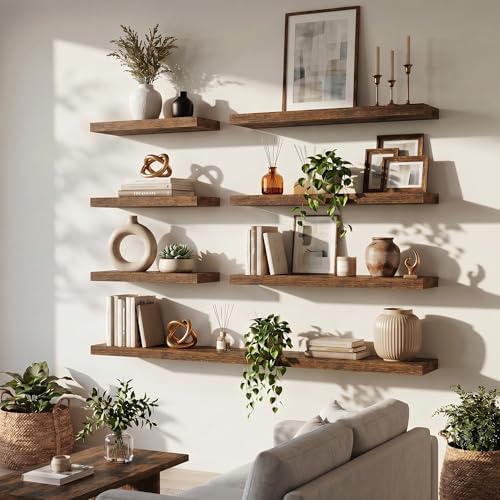 FLYJOE 55 Inch Floating Shelves for Wall Set of 2, 6.5" D Wood Grain Bathroom Shelves with Invisible Brackets, Easy Inst
