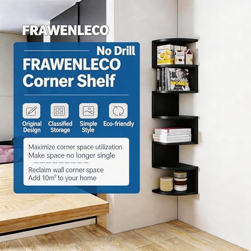No-Drill Corner Shelf Wall Mount, 7-Tier Thickened Floating Bookshelf with Hooks, Space-Saving Zigzag Plant Shelf for Be