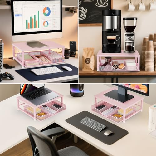Small Pink Laptop Stand for Desk, Monitor Stand, Office Desk Accessories, Computer Desktop Stand with Drawer for Home, O