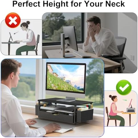 Spacrea Computer Monitor Stand with Drawer and 2 Pen Holders, Black