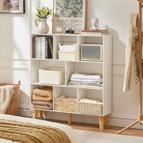 LEYAOYAO 8 Cube Bookshelf,Mid-Century Modern Bookcase with Legs,Light Grey