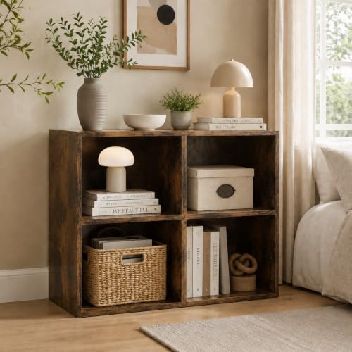 POWERSTONE 2 Tier Bookshelf, Cube Open Bookcase, 2PCS Rustic Brown