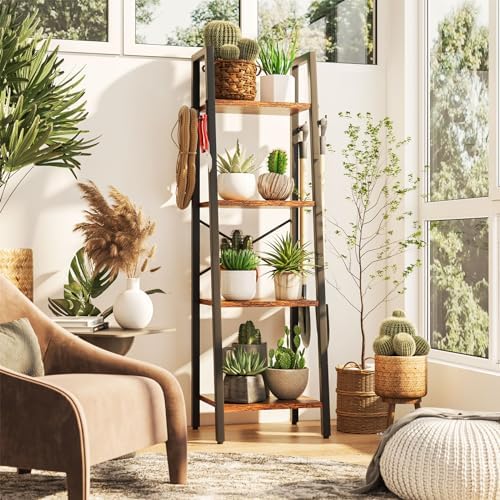 YMYNY 4 Tiers Ladder Bookcase, Industrial Narrow Bookshelf, Open Display Rack with 4 S Hooks, Metal Storage Shelves for 
