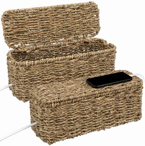 2 Pack Handwoven Cable Management Box with Lid, Decorative Cord Organizer for Power Strips, Chargers, TV Wires, Desk, Ho
