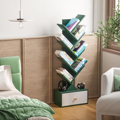 SHEEPAM 8-Tier Tree Bookshelf Floor Standing Storage Bookcase with Drawer