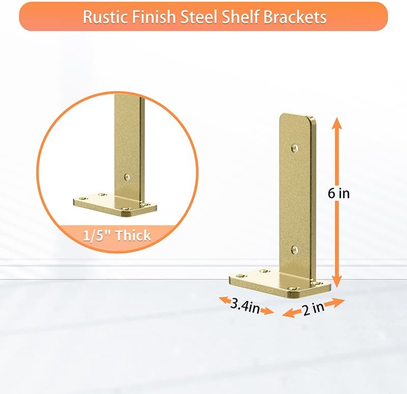 Floating Shelf Brackets Upgraded, 6 inch, Gold Heavy Duty Iron Shelf Brackets, Industrial Modern Floating Shelf Support 