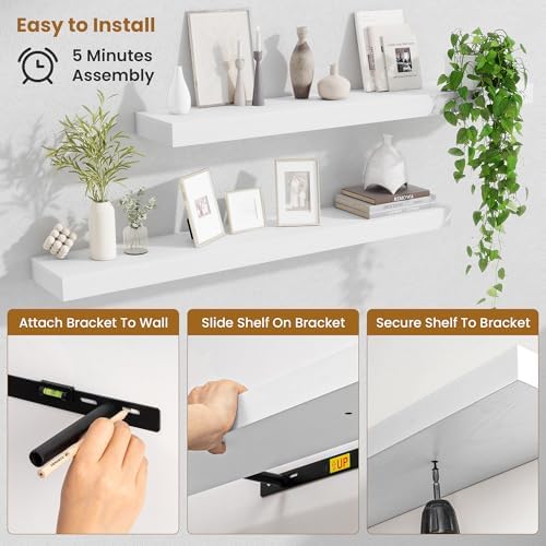 Fun Memories 40 Inch Floating Shelves, Long Wood Wall Shelf Set of 2 with Invisible Brackets, for Bathroom, Living Room,