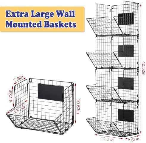 X-cosrack Metal Wire Basket Wall Mount, 4 Tier Extra Large Wall Storage Basket Organizer with Chalkboards, Kitchen Fruit