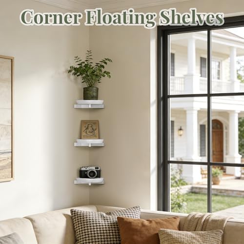 BXF Floating Plant Shelves for Wall Set of 3, Heavy Duty Matte White Corner Wall Planters for Indoor Plants, Minimalist 