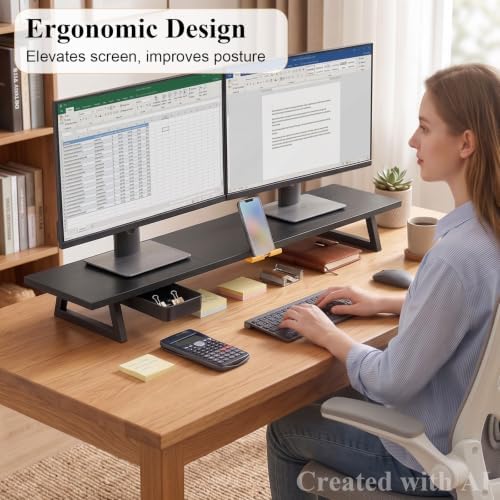 TEAMIX 39.4 inch Dual Monitor Stand Riser with Drawer & Phone Holder, Black