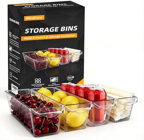 4 Pack Slim Fridge Organizer Bins, BPA Free Clear Refrigerator Storage Containers, Clear Pantry Organization & Cabinet B