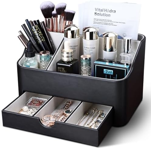 KINGFOM Leather Makeup Organizer with Drawer, Cosmetic Storage for Dresser Countertop and Bathroom Vanity, Beauty Holder