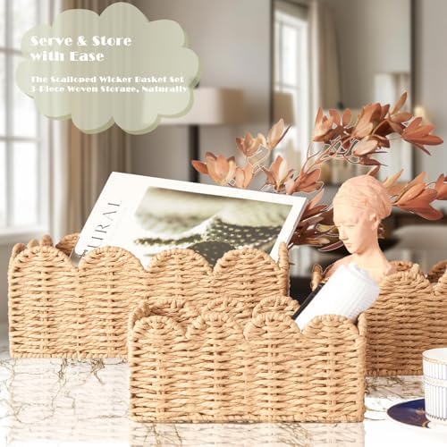 Scalloped Wicker Baskets Set of 3, Hand-Woven Storage with Handles