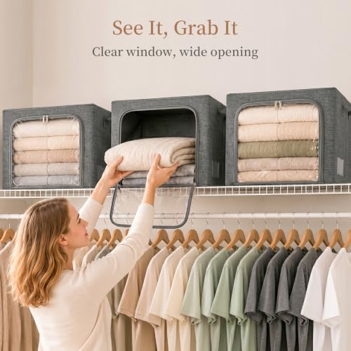 GoMaihe Clothes Storage Bins with Metal Frame for Blanket 3 Pack 66L Grey